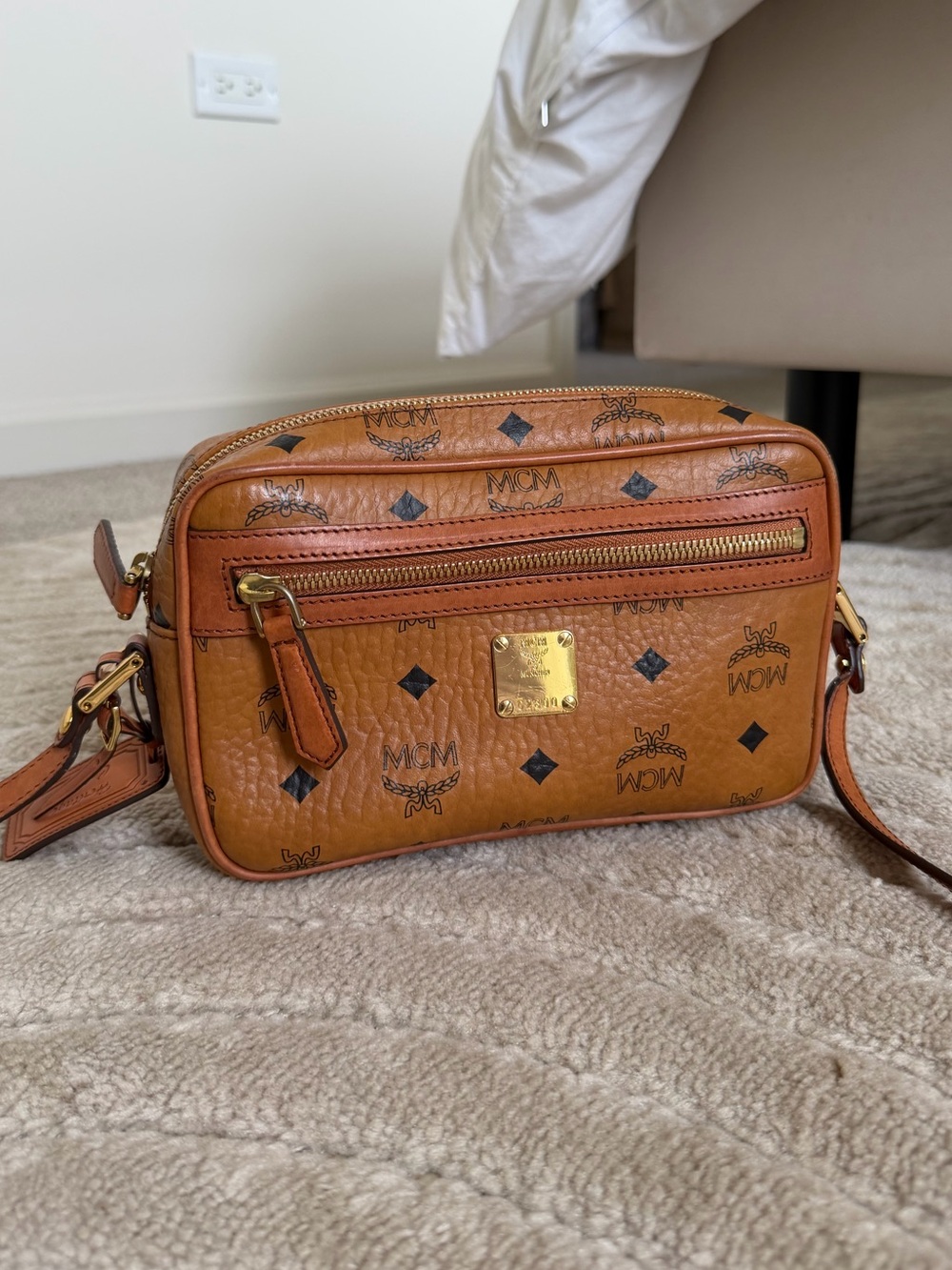 MCM Cognac Visetos Logo Crossbody with Gold Hardware